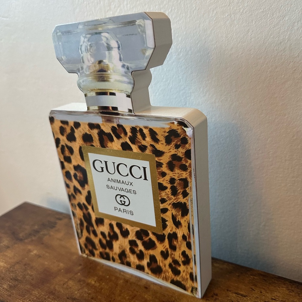 Luxury Perfume Bottle Home Decor With Cheetah Print Design Wooden Decoration NWT - Picture 3 of 6